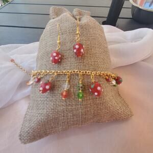 Jewelry Set Gift for Her Lampwork Strawberry Charm Gold Adjustable Band Bracelet